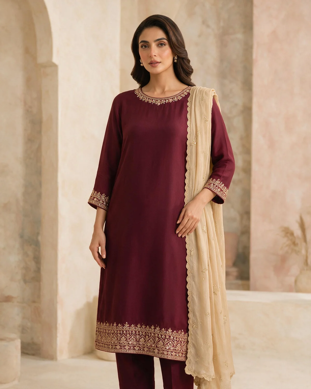 Model wearing a deep maroon AROOSH ensemble with an ivory dupatta